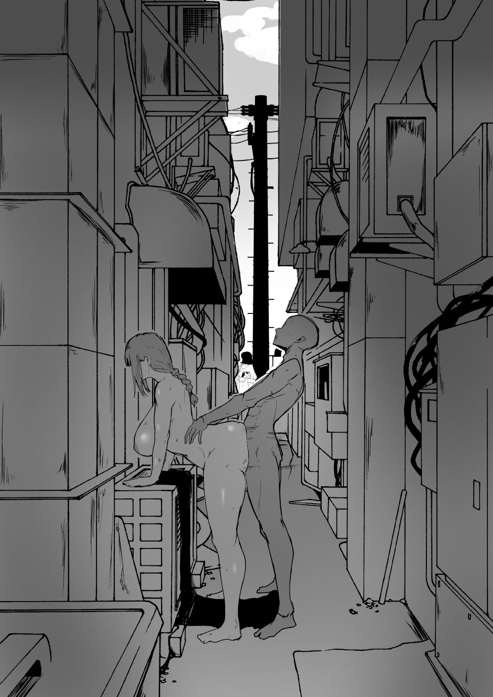 alley, braid, breasts, chainsaw man, doggy style, female, large breasts, long hair, makima (chainsaw man), male, monochrome, nude, public sex
