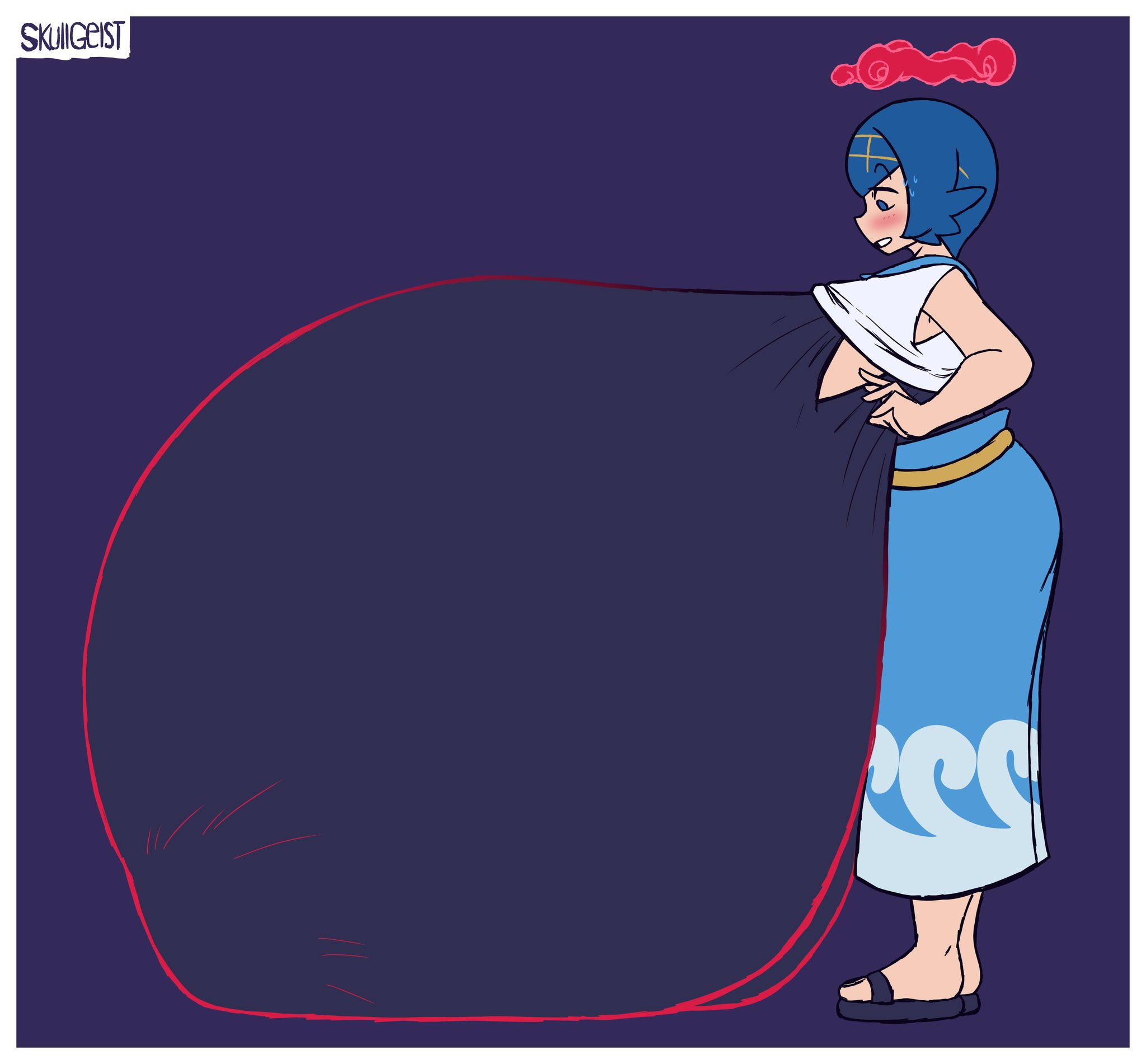 1girls, alternate breast size, blue eyes, blue hair, blush, breast expansion, breast growth, breast growth (enlargement), breasts, dynamax, dynamax on humans, fat, female, fully clothed, game freak, gigantic breasts, gigantification, huge breasts, hyper, hyper breasts, lana (pokemon), massive breasts, nintendo, nipple bulge, pokemon, pokemon sm, skullgeist