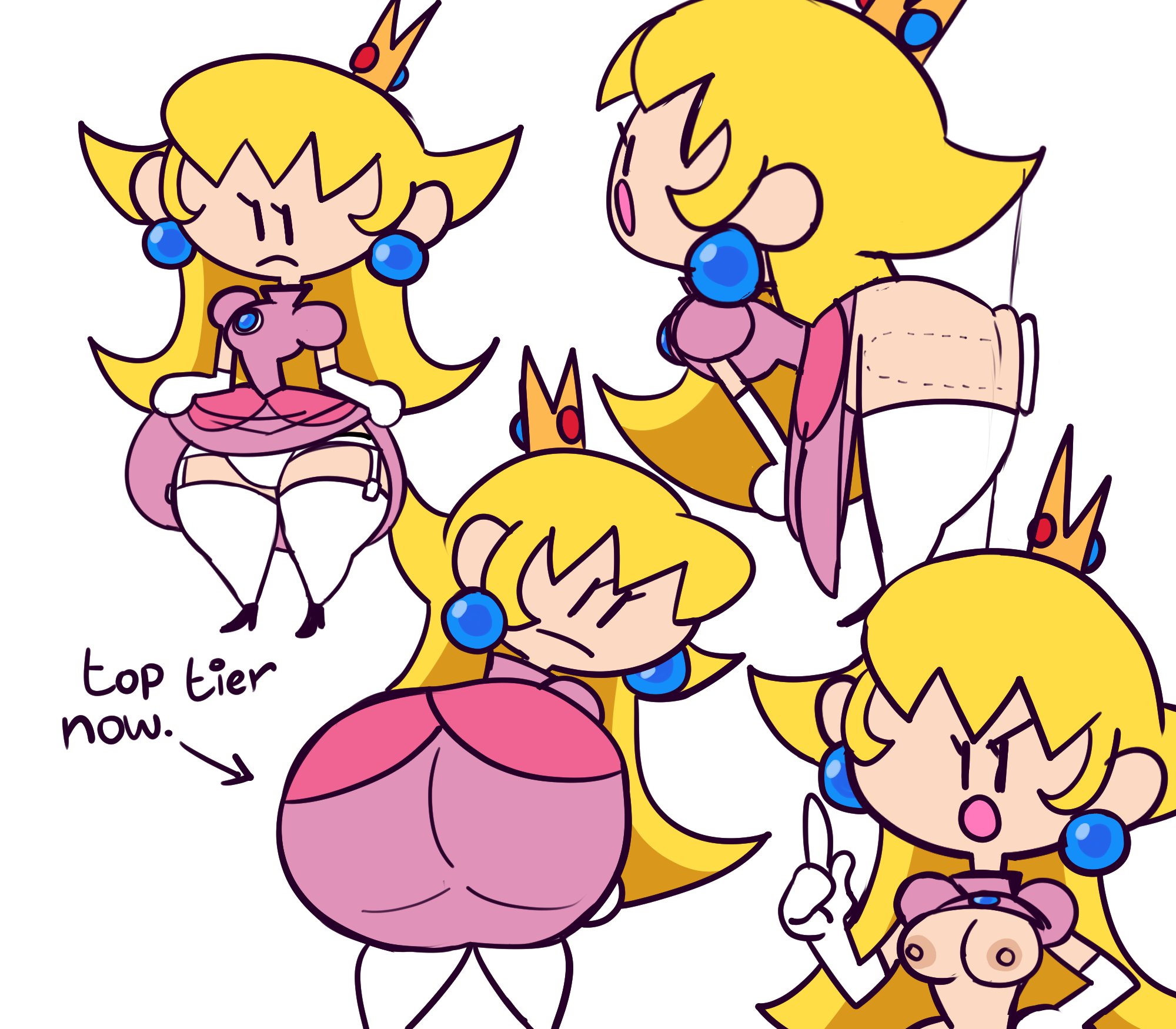 1girls, ass, ass focus, ass in dress, blonde hair, breasts, dildo, dress, dress lift, earrings, elbow gloves, english text, female, female only, gloves, hexanne, insertion, lifted by self, long hair, looking back, mario (series), mob face, multiple images, multiple views, nintendo, nipples, open mouth, panties, pearl earrings, penetration, pink dress, pointy ears, princess peach, sequence, sex toy, simple background, solo, stockings, terminalmontage, text, thick thighs, thighhighs, white background, white legwear, white panties