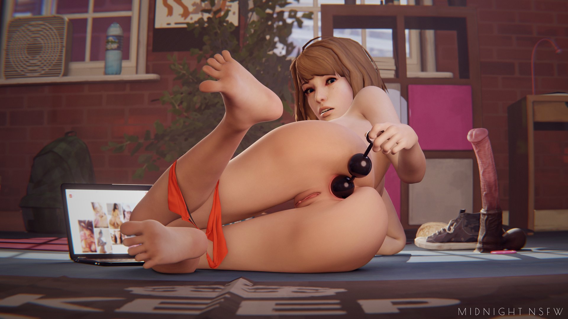 1girls, 3d, anal beads, anal sex, anus, ass, barefoot, big ass, blender, brown hair, feet, female, female only, life is strange, looking at viewer, looking back, max caulfield, midnightsfm, nude, panties, penetration, pussy, sex toy, solo, toes, underwear