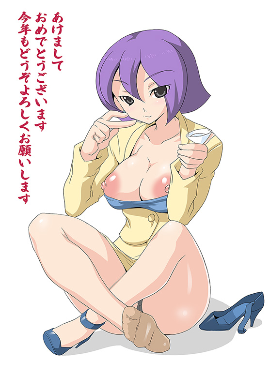 benten_(uchouten_kazoku) big_breasts breasts breasts_out clothing female female_only high_heels large_areolae looking_at_viewer purple_hair short_hair sitting smile solo uchouten_kazoku