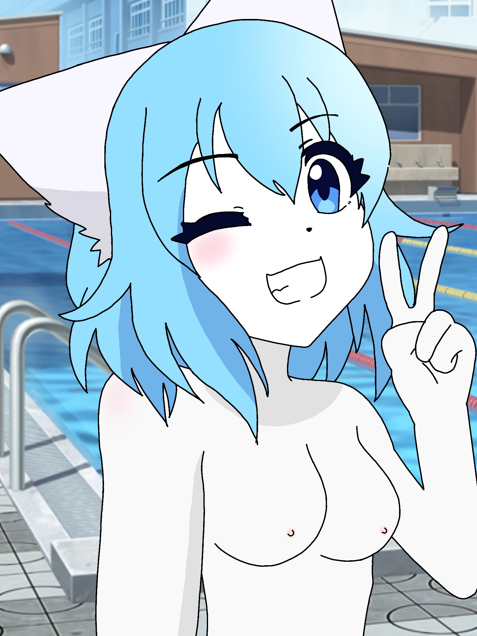 animal ears, blue hair, breasts, female, nude, peace sign, pool, poolside, public pool, smile, smiling, smiling at viewer, virtual youtuber, white fur, wink, winking, winking at viewer, wolfychu, youtube, youtuber