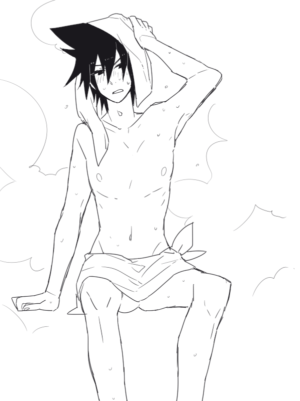 chappa line_art male male_only monochrome sauna shimogamo_yaichiro sitting sketch solo spiky_hair sweat topless topless_male towel towel_on_head uchouten_kazoku