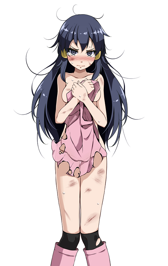 1girls, bangs, bare arms, bare shoulders, black eyes, black hair, black legwear, blush, boots, breasts, covering, covering breasts, creatures (company), crying, crying with eyes open, dawn (pokemon), dress, female, game freak, hair ornament, kneehighs, long hair, looking at viewer, medium breasts, messy hair, nintendo, no panties, pink dress, pink footwear, pokemon, pokemon (game), pokemon dppt, see-through, simple background, solo, sweatdrop, tears, torn clothes, torn dress, torn legwear, tsukishiro saika, white background
