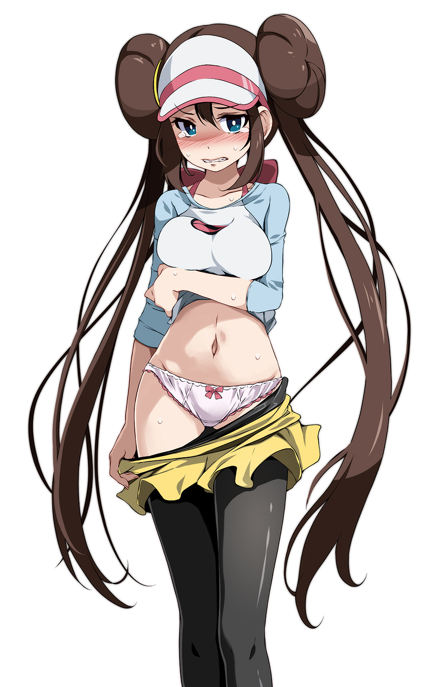 1girls, arm under breasts, bangs, black legwear, blue eyes, blush, bow, bow panties, breasts, clenched teeth, clothes pull, commentary request, creatures (company), double bun, embarrassed, embarrassed underwear female, euf, female, female only, game freak, hair between eyes, hair tie, highres, long hair, navel, nintendo, panties, pantyhose, pantyhose pull, pink bow, pokemon, pokemon (game), pokemon bw2, pulled by self, raglan sleeves, rosa (pokemon), shirt, short shorts, shorts, shorts pull, sidelocks, simple background, sleeves past elbows, solo, solo female, sweat, tearing up, teeth, tied hair, tsukishiro saika, two-tone headwear, underwear, very long hair, visor cap, white background, white panties, yellow skirt