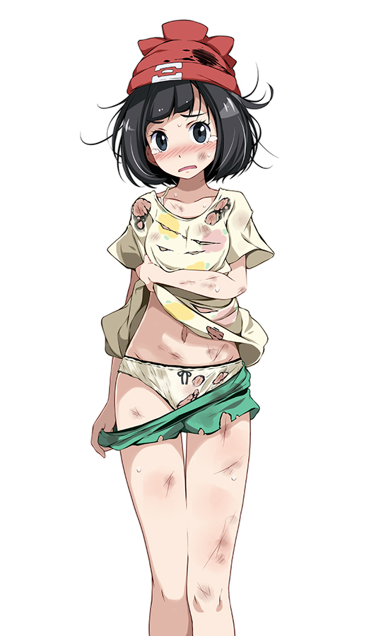 :o, 1girls, bangs, bare legs, beanie, black eyes, black hair, blunt bangs, blush, bow, bow panties, breasts, clothes pull, collarbone, convenient censoring, creatures (company), crying, crying with eyes open, dirty, dirty clothes, dirty face, female, female only, floral print, game freak, green bow, green shorts, hat, looking at viewer, medium hair, messy hair, navel, nintendo, open mouth, panties, photoshop (medium), pokemon, pokemon (game), pokemon sm, red headwear, selene (pokemon), shirt, shirt lift, short sleeves, shorts, shorts pull, simple background, small breasts, sole female, solo, solo female, tears, torn clothes, torn panties, torn shirt, torn shorts, tsukishiro saika, underwear, white background, white panties, yellow shorts