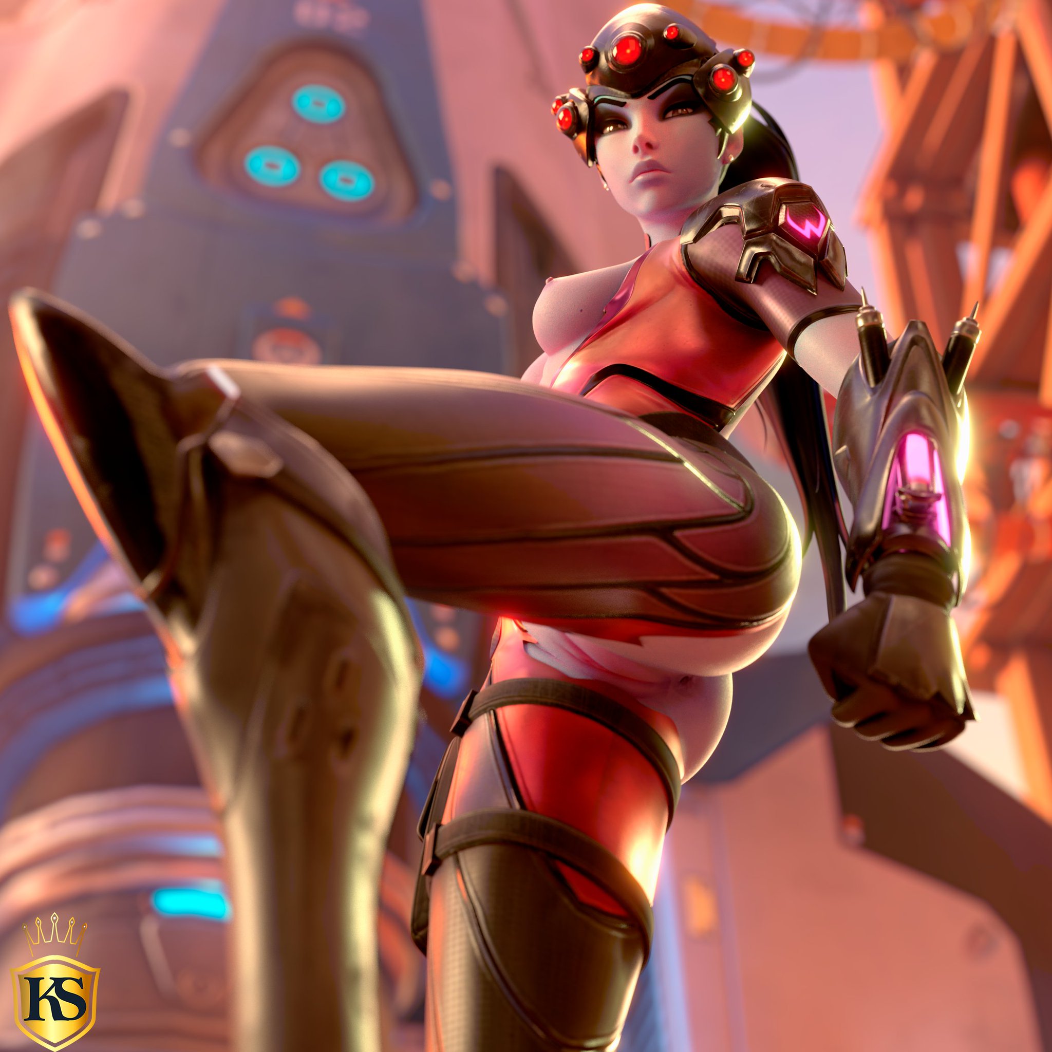1girls, 3d, angry, ass, breasts, exposed breasts, exposed pussy, female, female only, kingestefano98, overwatch, pussy, solo, solo female, standing, widowmaker