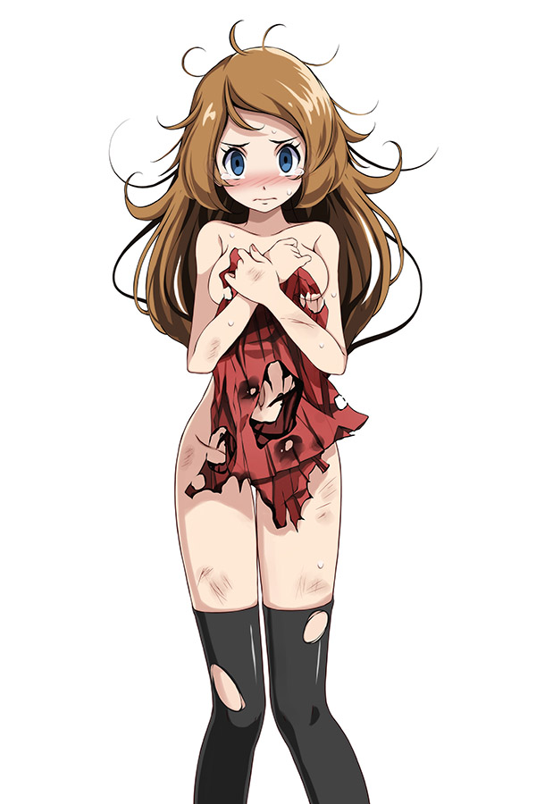 1girls, after rape, bangs, bare arms, bare shoulders, beaten, beaten up, black legwear, blue eyes, blush, breast squeeze, breasts, bruise, bruised, bruises, collarbone, covering, covering breasts, creatures (company), crying, crying with eyes open, embarrassed, embarrassed nude female, enf, female, female focus, female only, game freak, injury, light brown hair, long hair, looking at viewer, medium breasts, messy hair, nintendo, no bra, no panties, no shirt, pleated skirt, pokemon, pokemon (game), pokemon xy, rape, rape face, raped, red skirt, ripped clothes, ripped clothing, ripped leggings, ripped pantyhose, serena (pokemon), simple background, skirt, solo, solo female, standing, sweat, sweatdrop, tearing up, tears, tears in eyes, teary eyes, thighhighs, torn clothes, torn legwear, torn shirt, torn skirt, torn topwear, trying to cover up, tsukishiro saika, white background