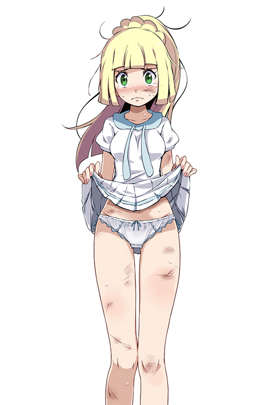 1girls, aqua bow, bangs, bare legs, blonde hair, blunt bangs, blush, bow, bruise, creatures (company), crying, crying with eyes open, cuts, dirty, dirty face, dress, female, female only, game freak, green eyes, high ponytail, injury, lillie (pokemon), long hair, looking at viewer, nail polish, nintendo, panties, pleated dress, pleated skirt, pokemon, pokemon (game), pokemon sm, shirt, short sleeves, sidelocks, simple background, skirt, skirt lift, sole female, solo, solo female, sweatdrop, tears, tsukishiro saika, underwear, white background, white panties, white shirt, white skirt