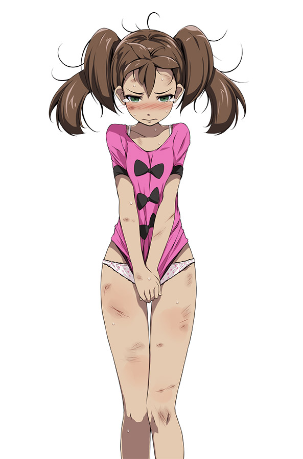 1girls, bangs, black bow, blush, bow, brown hair, bruise, clothes pull, creatures (company), crying, crying with eyes open, cuts, female, female only, game freak, green eyes, injury, messy hair, nintendo, no pants, panties, pink shirt, pokemon, pokemon (game), pokemon xy, polka dot, polka dot panties, shauna (pokemon), shirt, shirt pull, short sleeves, simple background, solo, solo female, tears, tsukishiro saika, twintails, underwear, white background, white panties
