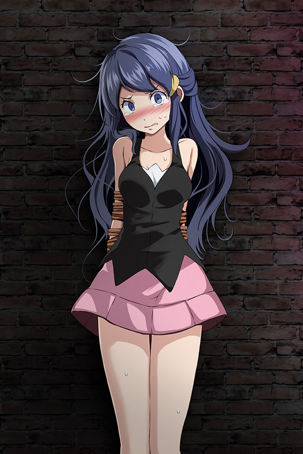 1girls, against wall, arms behind back, black shirt, blue eyes, blue hair, blush, bondage, bound, bound arms, breasts, clenched teeth, creatures (company), dawn (pokemon), female, female only, game freak, hair ornament, head tilt, long hair, looking at viewer, medium breasts, miniskirt, nintendo, pink skirt, pokemon, pokemon (game), pokemon dppt, restrained, rope, shiny, shiny hair, shirt, skirt, sleeveless, sleeveless shirt, solo, standing, sweatdrop, tears, teeth, tied up, tsukishiro saika, very long hair