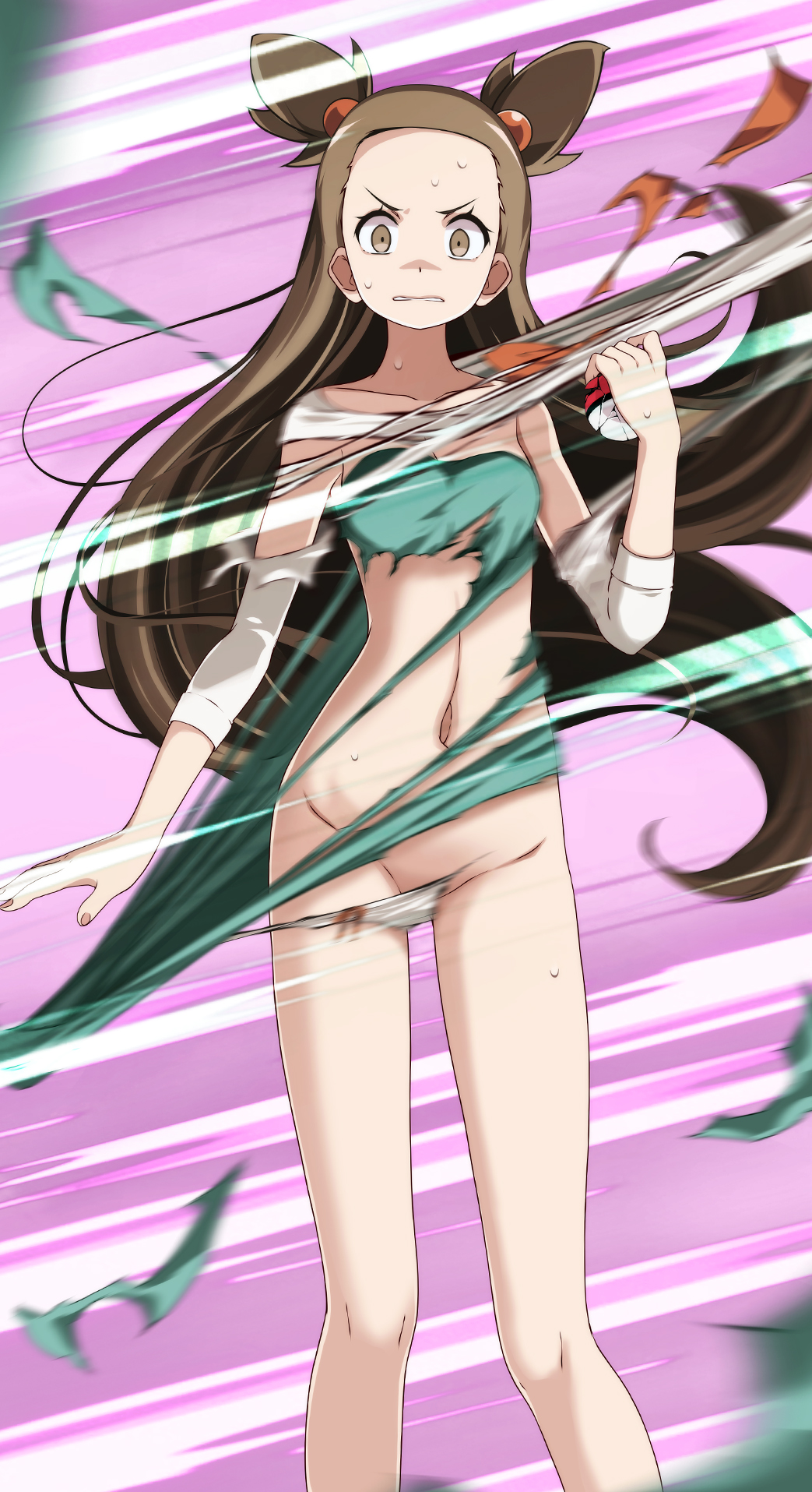 1girls, brown eyes, brown hair, convenient censoring, creatures (company), female, female focus, female only, game freak, gym leader, highres, holding, holding poke ball, jasmine (pokemon), long hair, looking at viewer, navel, nintendo, panties, parted lips, pink background, poke ball, poke ball (basic), pokemon, pokemon (game), pokemon gsc, pokemon hgss, sole female, solo, solo female, solo focus, standing, sweat, torn clothes, torn panties, tsukishiro saika, two side up, underwear, wardrobe malfunction, white panties