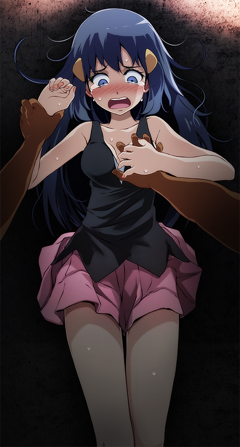 1boy, 1girls, blue eyes, blush, breast grab, breasts, collarbone, creatures (company), dark skin, dark-skinned male, dawn (pokemon), female, game freak, grabbing, hair ornament, imminent rape, imminent sex, male, molestation, nintendo, open mouth, pink skirt, pokemon, pokemon (game), pokemon dppt, rape, scared, skirt, solo female, solo focus, sweat, tears, thighs, tsukishiro saika, wrist grab
