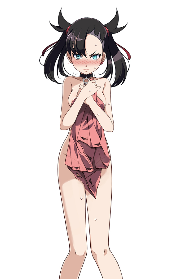 1girls, aqua eyes, bangs, bare arms, bare legs, bare shoulders, black choker, black hair, blush, breasts, choker, collarbone, covering, covering body, creatures (company), dress, female, female only, game freak, hair ribbon, looking at viewer, marnie (pokemon), medium breasts, nintendo, no bra, no panties, no pants, pink dress, pokemon, pokemon (game), pokemon ss, red ribbon, ribbon, see-through, simple background, solo, solo female, solo focus, sweat, tsukishiro saika, twintails, white background