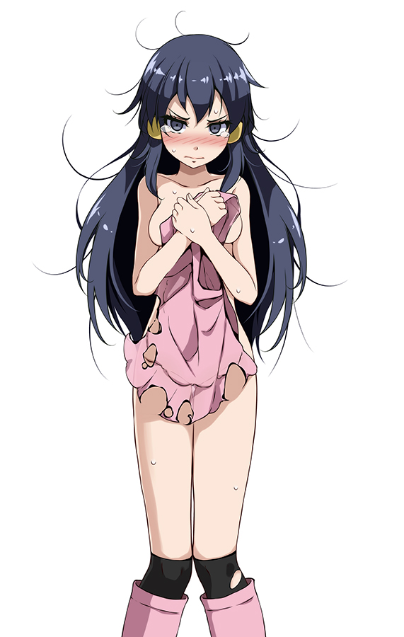 1girls, bangs, bare arms, bare shoulders, black eyes, black hair, black legwear, blush, boots, breasts, covering, covering breasts, creatures (company), crying, crying with eyes open, dawn (pokemon), dress, female, female only, game freak, hair ornament, kneehighs, long hair, looking at viewer, medium breasts, messy hair, nintendo, no panties, pink dress, pink footwear, pokemon, pokemon (game), pokemon dppt, see-through, simple background, solo, solo female, solo focus, sweatdrop, tears, torn clothes, torn dress, torn legwear, tsukishiro saika, white background