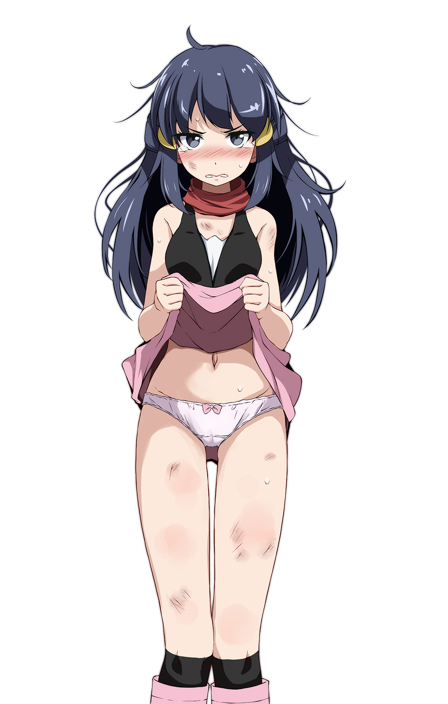 1girls, angry, black eyes, black hair, black legwear, black shirt, blue hair, blush, bow panties, bruised, creatures (company), dark hair, dawn (pokemon), embarrassed, female, female only, game freak, hair ornament, hairclip, highres, injury, lifted by self, long hair, looking at viewer, messy hair, nintendo, panties, pink skirt, pokemon, pokemon (game), pokemon dppt, red scarf, scarf, scratches, shirt, simple background, skirt, skirt lift, sleeveless, sleeveless shirt, sole female, solo, solo female, tears, tsukishiro saika, underwear, white background, white panties
