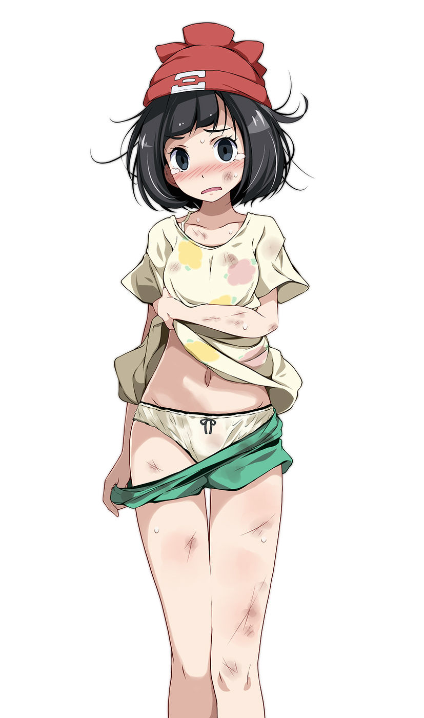 :o, 1girls, bangs, bare legs, beanie, black eyes, black hair, blunt bangs, blush, bow, bow panties, breasts, clothes pull, collarbone, creatures (company), crying, crying with eyes open, dirty, dirty clothes, dirty face, female, female only, floral print, game freak, green bow, green shorts, hat, highres, looking at viewer, medium hair, messy hair, navel, nintendo, open mouth, panties, pokemon, pokemon (game), pokemon sm, red headwear, selene (pokemon), shirt lift, short sleeves, shorts, shorts pull, simple background, small breasts, solo, solo female, tears, tsukishiro saika, underwear, white background, white panties, yellow shorts