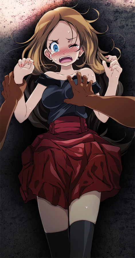 1boy, 1girls, bare shoulders, black legwear, blue eyes, breast grab, breasts, brown hair, collarbone, creatures (company), dark skin, dark-skinned male, female, female focus, game freak, grabbing, imminent rape, imminent sex, long hair, male, medium breasts, nintendo, one eye closed, open mouth, pokemon, pokemon (game), pokemon xy, rape, red skirt, restrained, serena (pokemon), skirt, solo female, solo focus, sweat, tears, thighhighs, thighs, tsukishiro saika, wrist grab, zettai ryouiki