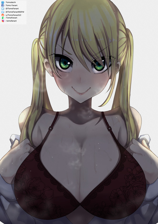 1girls, big breasts, blonde hair, blush, bra, brat, breast focus, breasts, breasts bigger than head, cleavage, cute, female, hoshizaki rika, huge breasts, kanojo mo kanojo, light skin, light-skinned female, looking at viewer, pov, smell, smile, smug, solo, solo female, steam, steamy, steamy breasts, sweat, tagme, tomodachi (tomofanart)