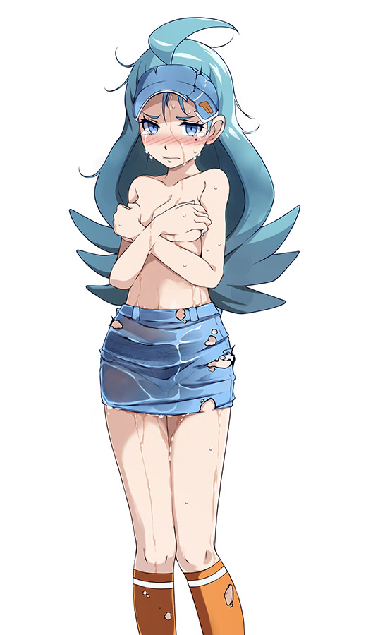 1girls antenna_hair aqua_hair bangs bare_arms bare_shoulders blue_eyes blue_headwear blue_skirt blush collarbone covering covering_breasts creatures_(company) elite_four embarrassed female female_only game_freak hand_on_breasts hat kahili_(pokemon) long_hair looking_at_viewer messy_hair mole mole_under_eye navel nintendo no_shirt orange_legwear pokemon pokemon_(game) pokemon_sm simple_background skirt solo solo_female sweat torn_clothes torn_hat torn_legwear torn_skirt tsukishiro_saika visor_cap wet wet_clothes wet_hair wet_skirt white_background