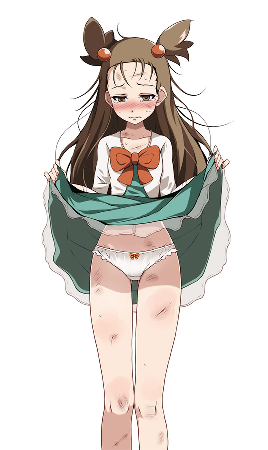 1girls, blush, brown eyes, brown hair, bruise, commentary request, creatures (company), crying, crying with eyes open, dirty, dress, dress lift, female, female only, game freak, green dress, gym leader, injury, jasmine (pokemon), legs, lifted by self, long hair, navel, nintendo, panties, pokemon, pokemon (game), pokemon gsc, pokemon hgss, simple background, sleeves past elbows, solo, solo female, solo focus, standing, tears, tsukishiro saika, underwear, white background, white panties