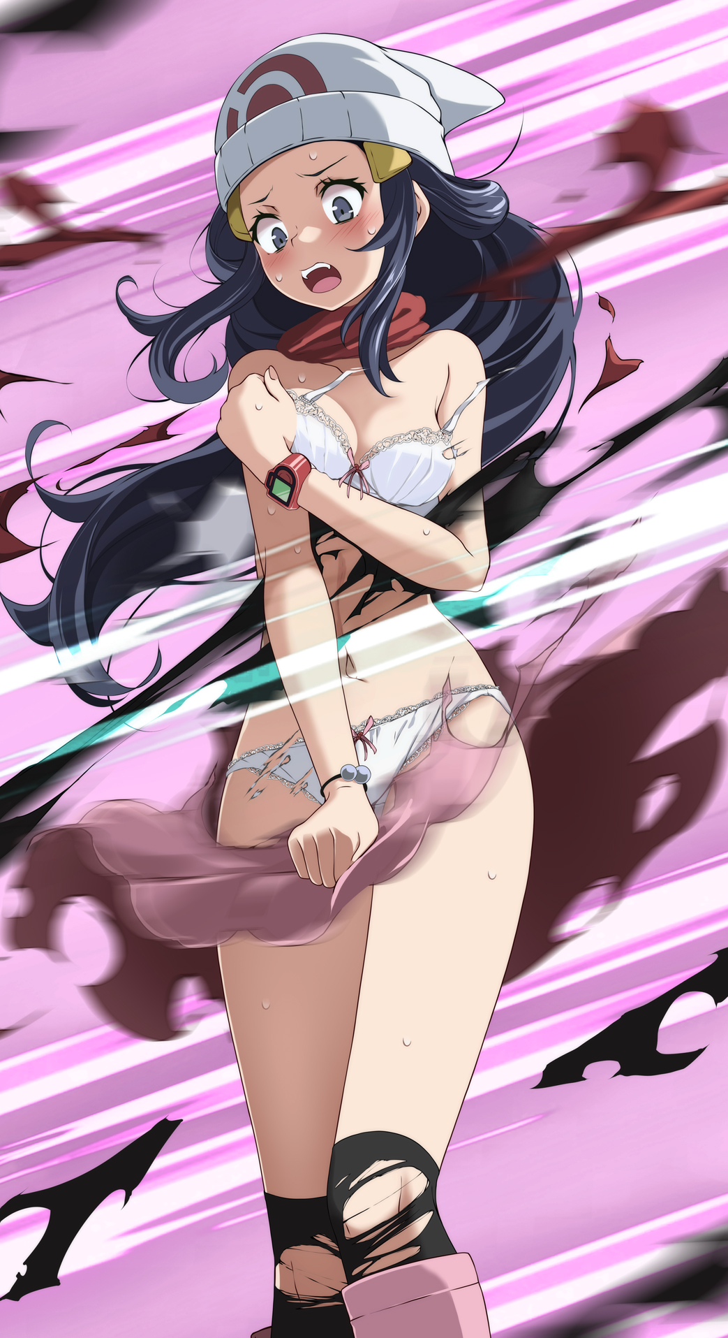 1girls, bead bracelet, beads, beanie, blue eyes, blue hair, blush, bow, bow bra, bow panties, bra, bracelet, breasts, creatures (company), dawn (pokemon), female, female focus, female only, game freak, hat, highres, human, jewelry, kneehighs, long hair, matching underwear, medium breasts, navel, nintendo, open mouth, panties, pink background, pokemon, pokemon (game), pokemon dppt, solo, solo female, sweat, teeth, torn bra, torn clothes, torn legwear, torn panties, tsukishiro saika, underwear, upper teeth, watch, white bra, white headwear, white panties, wristwear
