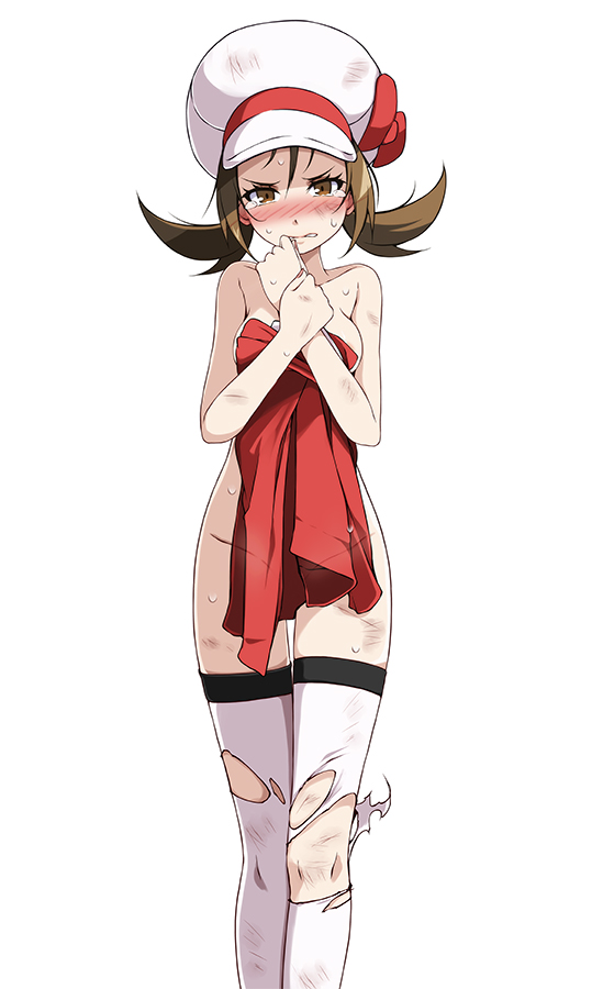 1girls, blush, breasts, brown eyes, brown hair, bruise, commentary request, covering, creatures (company), female, female focus, female only, game freak, hat, injury, looking at viewer, lyra (pokemon), medium breasts, nintendo, nude, pokemon, pokemon (game), pokemon hgss, short hair, simple background, solo, solo female, standing, sweat, tears, thighhighs, torn clothes, torn legwear, tsukishiro saika, white background, white headwear, white legwear