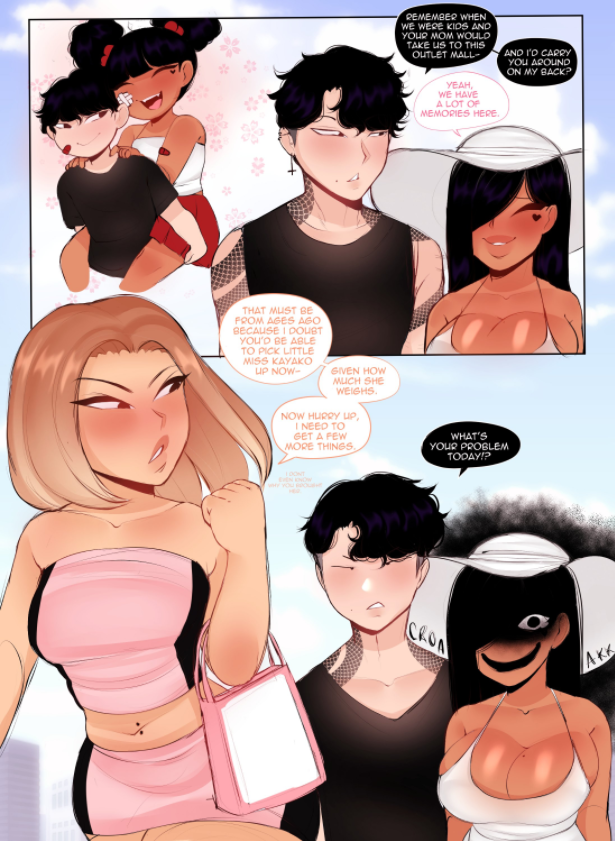 1boy 2girls asian asian_male black_hair blonde_hair cinnabus cleavage courtney_(cinnabus) dark-skinned_female dark_skin dialogue female insult large_breasts long_hair male sona_(cinnabus) speech_bubble tagme tattoo text toshi_(cinnabus)