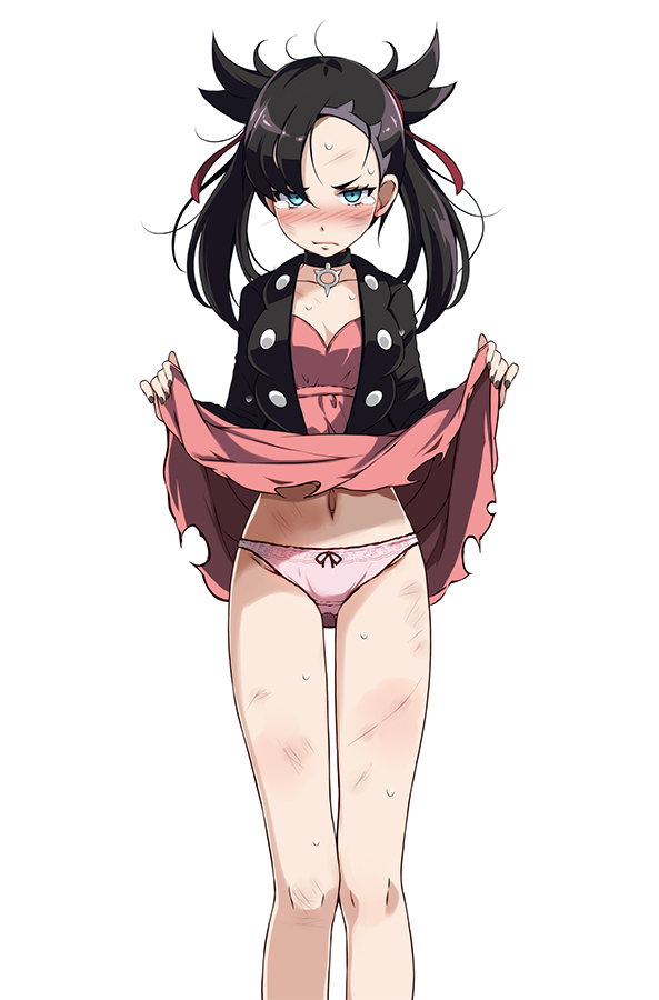 1girls, asymmetrical bangs, bangs, black choker, black hair, black jacket, blue eyes, breasts, choker, cleavage, collarbone, commentary request, creatures (company), dress, dress lift, female, female only, game freak, hair ribbon, jacket, legs, lifted by self, looking at viewer, marnie (pokemon), medium breasts, navel, nintendo, panties, pink dress, pink panties, pokemon, pokemon (game), pokemon ss, red ribbon, ribbon, short hair, solo, solo female, standing, sweat, tears, torn clothes, torn dress, tsukishiro saika, twintails, undercut, underwear