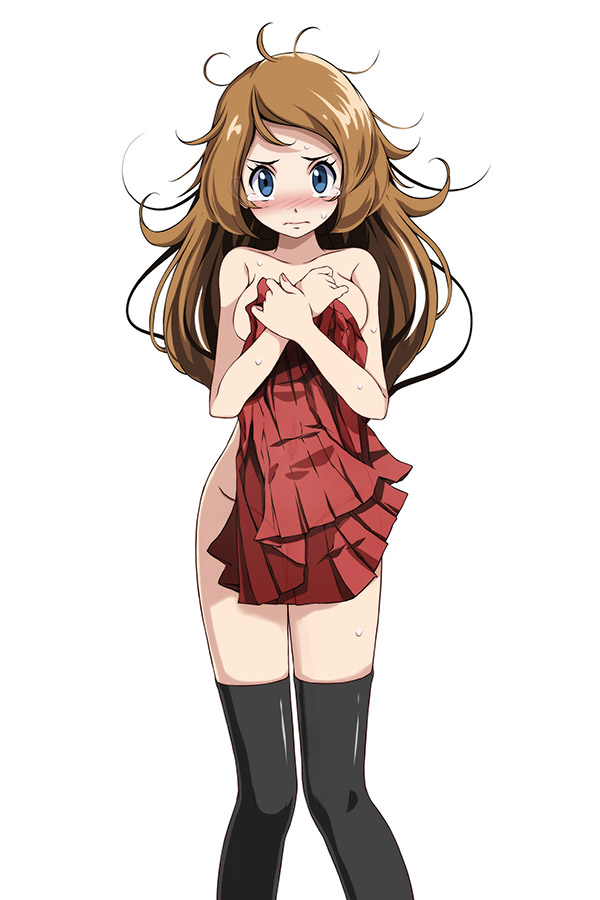1girls, bangs, bare arms, bare shoulders, black legwear, blue eyes, blush, breast squeeze, breasts, collarbone, covering, covering breasts, creatures (company), crying, crying with eyes open, embarrassed, embarrassed nude female, enf, female, female only, game freak, light brown hair, long hair, looking at viewer, medium breasts, messy hair, nintendo, no bra, no panties, no shirt, pleated skirt, pokemon, pokemon (game), pokemon xy, red skirt, serena (pokemon), simple background, skirt, sole female, solo, solo female, standing, sweat, sweatdrop, tears, thighhighs, tsukishiro saika, white background