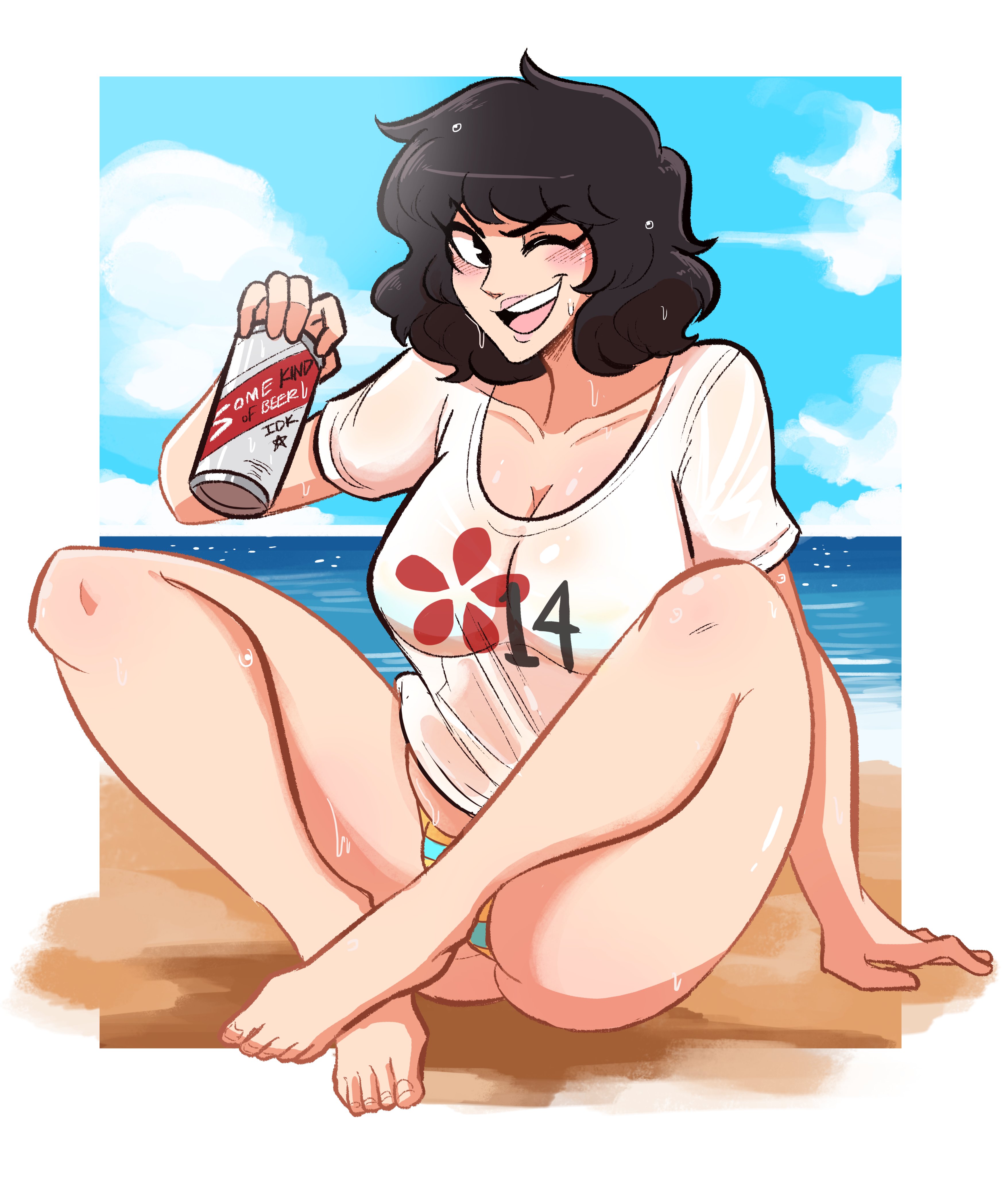 ass, beach, big ass, big breasts, bikini, bikini bottom, breasts, drunk, female, panties, persona, persona 5, sadayo kawakami, scruffyturtles, swimsuit, swimwear, wet shirt
