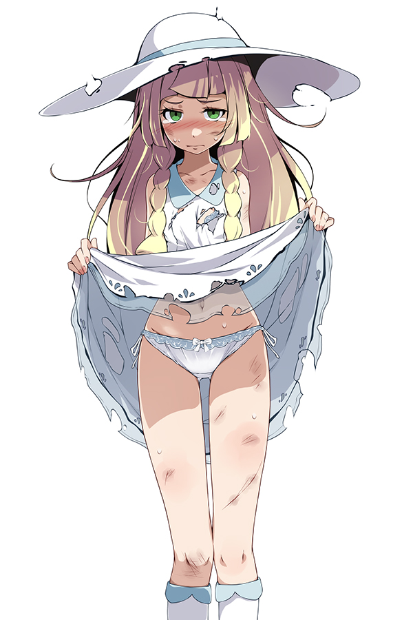 1girls, blonde hair, blush, braid, collarbone, creatures (company), dirty, dress, dress lift, female, female only, game freak, green eyes, hat, injury, lifted by self, lillie (pokemon), long hair, looking at viewer, nintendo, panties, photoshop (medium), pokemon, pokemon (game), pokemon sm, side-tie panties, simple background, solo, solo female, sweat, tears, torn clothes, tsukishiro saika, twin braids, underwear, white background, white dress, white headwear, white panties