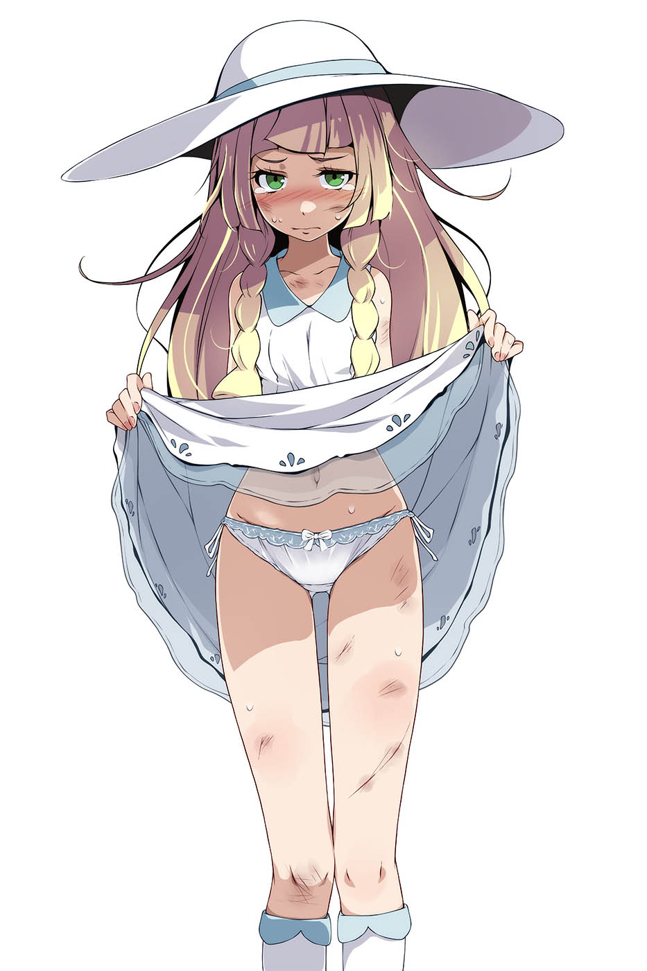 1girls, blonde hair, blush, braid, collarbone, creatures (company), dirty, dress, dress lift, female, female focus, female only, game freak, green eyes, hat, highres, lifted by self, lillie (pokemon), long hair, looking at viewer, nintendo, panties, pokemon, pokemon (game), pokemon sm, side-tie panties, simple background, solo, solo female, sweat, tears, tsukishiro saika, twin braids, underwear, white background, white dress, white headwear, white panties
