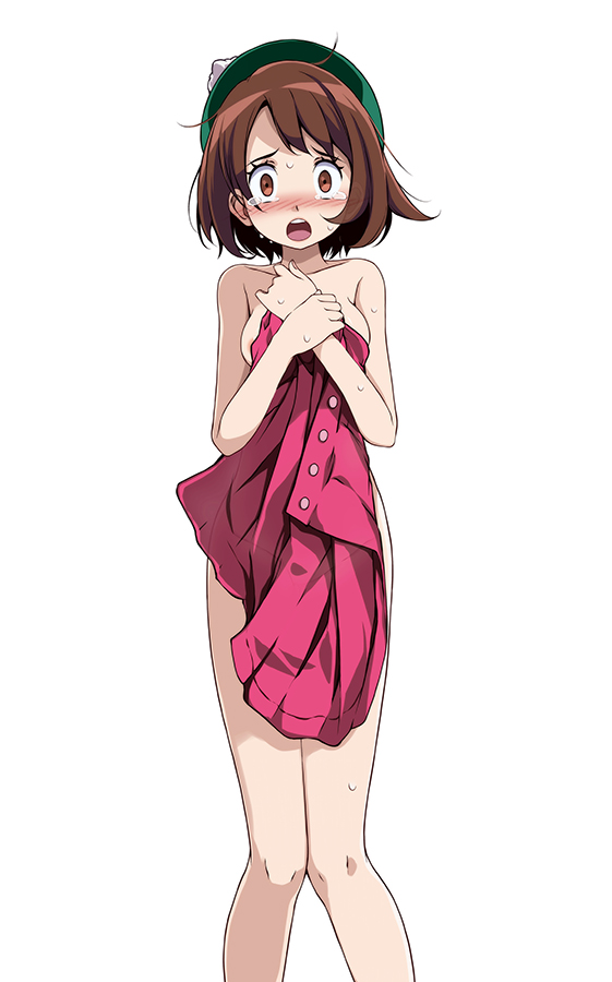 :o, 1girls, bangs, bare arms, bare legs, bare shoulders, beret, blush, breasts, brown eyes, brown hair, collarbone, covering, covering body, creatures (company), crying, crying with eyes open, dress, female, female only, game freak, gloria (pokemon), green headwear, hat, looking at viewer, medium breasts, medium hair, nintendo, open mouth, pink dress, pokemon, pokemon (game), pokemon ss, short brown hair, simple background, sole female, solo, solo female, sweat, tears, tsukishiro saika, upper teeth, white background, wide-eyed