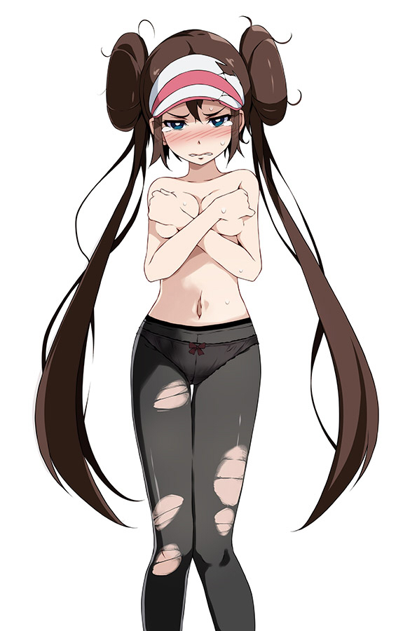 1girls, bangs, bare arms, bare shoulders, black legwear, blue eyes, blush, bow, bow panties, breasts, brown hair, covering, covering breasts, creatures (company), crossed arms, crying, crying with eyes open, double bun, embarrassed, embarrassed nude female, enf, female, female only, game freak, hands over breasts, knees together feet apart, long hair, looking at viewer, messy hair, navel, nintendo, no shirt, panties, panties under pantyhose, pantyhose, pink bow, pink panties, pokemon, pokemon (game), pokemon bw2, rosa (pokemon), sidelocks, simple background, sole female, solo, solo female, sweatdrop, tears, torn clothes, torn legwear, tsukishiro saika, twintails, underwear, visor cap, white background