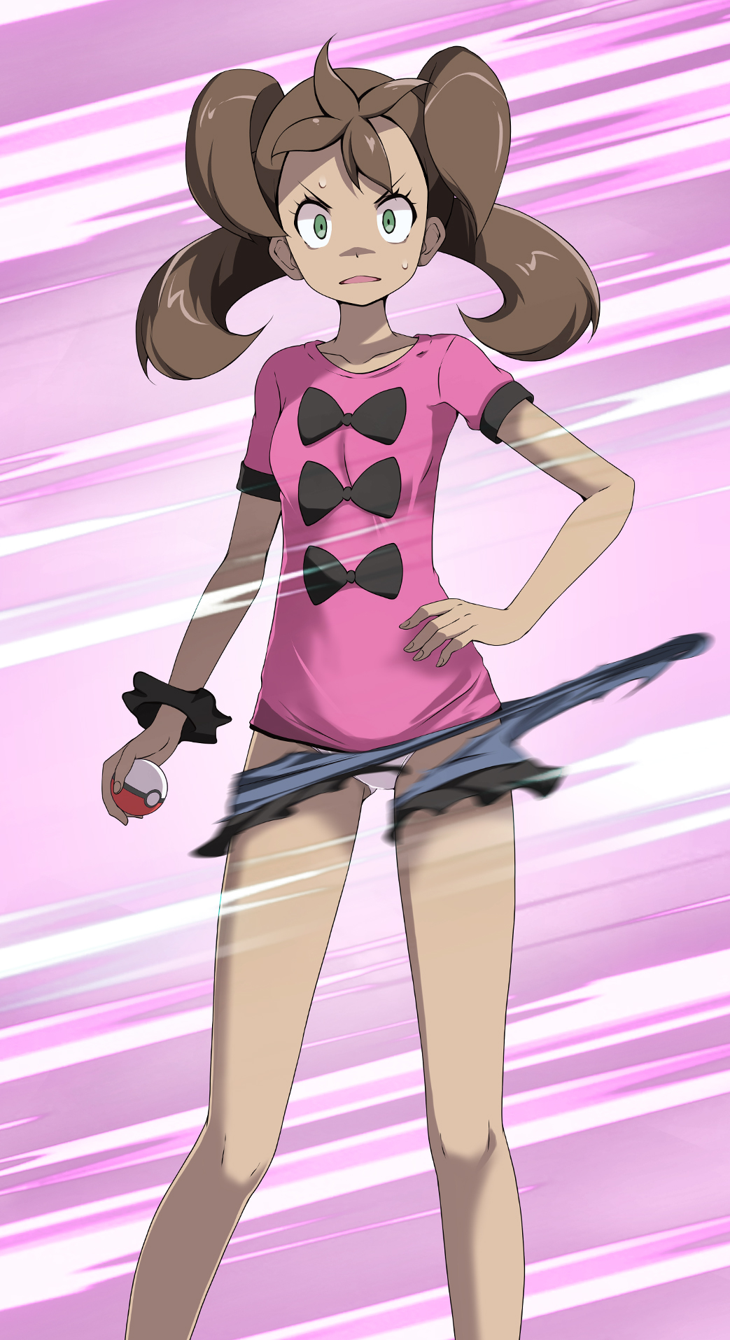 1girls, 2021, blue shorts, brown hair, creatures (company), dark skin, dark-skinned female, female, female only, game freak, green eyes, hand on hip, highres, holding, holding poke ball, looking at viewer, nintendo, panties, pink background, pink shirt, poke ball, poke ball (basic), pokemon, pokemon (game), pokemon xy, shauna (pokemon), shirt, short sleeves, shorts, solo, solo female, standing, sweatdrop, torn clothes, torn shorts, tsukishiro saika, twintails, underwear
