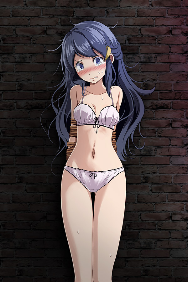1girls, against wall, arms behind back, black ribbon, blue eyes, blue hair, blush, bondage, bound, bound arms, bra, breasts, cleavage, clenched teeth, collarbone, creatures (company), dawn (pokemon), female, female only, game freak, gluteal fold, hair ornament, head tilt, legs together, long hair, looking at viewer, matching underwear, medium breasts, midriff, navel, nintendo, panties, pokemon, pokemon (game), pokemon dppt, restrained, ribbon, rope, shiny, shiny hair, solo, standing, stomach, sweatdrop, tears, teeth, thigh gap, tied up, tsukishiro saika, underwear, underwear only, very long hair, white bra, white panties