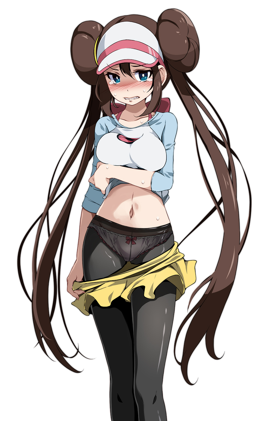 1girls, arm under breasts, bangs, black legwear, blue eyes, blush, bow, bow panties, breasts, clenched teeth, clothes pull, commentary request, creatures (company), double bun, embarrassed, embarrassed nude female, enf, female, female only, game freak, hair, hair between eyes, hair tie, highres, long hair, medium breasts, navel, nintendo, panties, pantyhose, pantyhose under shorts, pantyhose under skirt, pink bow, pokemon, pokemon (game), pokemon bw2, pulled by self, raglan sleeves, rosa (pokemon), shirt, short shorts, shorts, shorts pull, sidelocks, simple background, skirt, sleeves past elbows, sole female, solo, solo female, sweat, tearing up, tears, teeth, tied hair, tsukishiro saika, two-tone headwear, underwear, very long hair, visor cap, white background, white panties, yellow shorts, yellow skirt