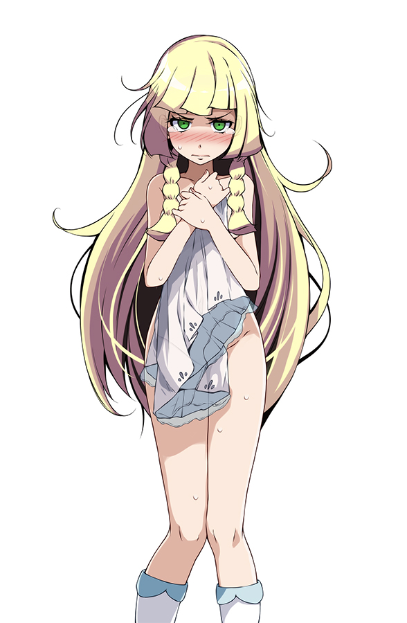 1girls, bangs, bare arms, bare shoulders, blunt bangs, blush, braid, collarbone, covering, covering body, creatures (company), crying, crying with eyes open, dress, female, female focus, female only, game freak, green eyes, groin, kneehighs, lillie (pokemon), long hair, looking at viewer, nintendo, no panties, no pants, pokemon, pokemon (game), pokemon sm, see-through, sidelocks, simple background, solo, solo female, sweat, tears, tsukishiro saika, twin braids, white background, white dress, white legwear