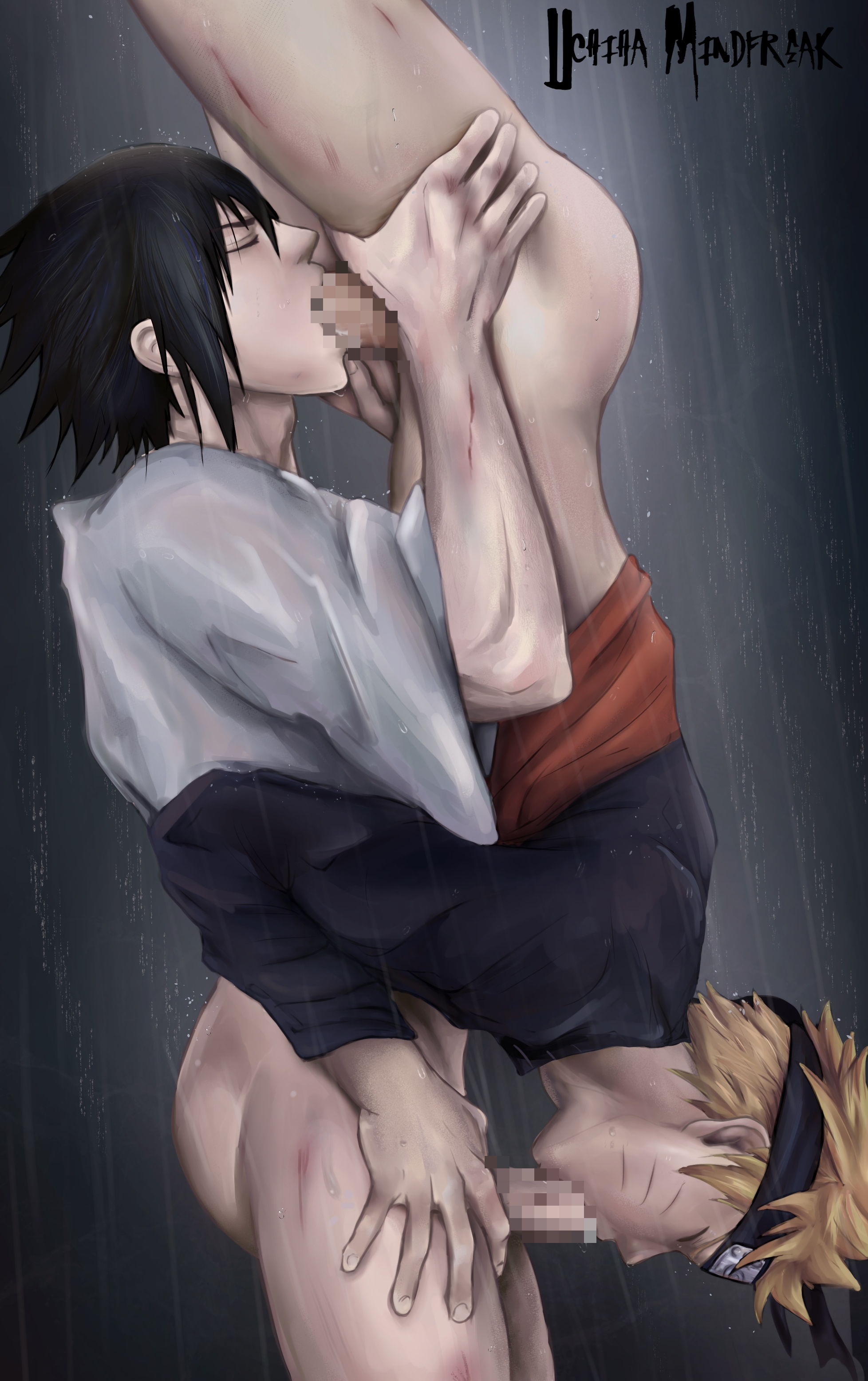 2boys, 69, 69 position, black hair, bleeding, blonde hair, blowjob, bottomless, censored, closed eyes, clothed sex, clothing, color, colored, cut mark, dark hair, erect penis, erection, eyeshadow, fellatio, forehead protector, gay, headband, light skin, light-skinned male, long hair, male, male only, mosaic censoring, multiple boys, multiple males, naruto, naruto (series), naruto shippuden, oral, oral sex, pale, pale skin, pale-skinned male, penis, rain, raining, realistic, romantic, rough sex, sasuke uchiha, short hair, simple background, standing, standing 69, uchihamindfreak, upside-down, uzumaki naruto, wet clothes, whisker markings, yaoi