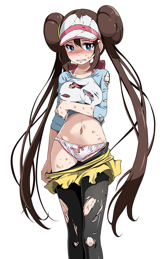 1girls, arm under breasts, bangs, black legwear, blue eyes, blush, bow, bow panties, breasts, clenched teeth, clothes pull, commentary request, creatures (company), double bun, embarrassed, embarrassed underwear female, euf, female, female only, game freak, hair between eyes, hair tie, long hair, navel, nintendo, panties, pantyhose, pantyhose pull, photoshop (medium), pink bow, pokemon, pokemon (game), pokemon bw2, pulled by self, raglan sleeves, rosa (pokemon), shirt, short shorts, shorts, shorts pull, sidelocks, simple background, sleeves past elbows, sole female, solo, solo female, solo focus, sweat, tearing up, teeth, tied hair, torn clothes, torn legwear, torn panties, torn shirt, torn shorts, tsukishiro saika, two-tone headwear, underwear, very long hair, visor cap, white background, white panties, yellow shorts