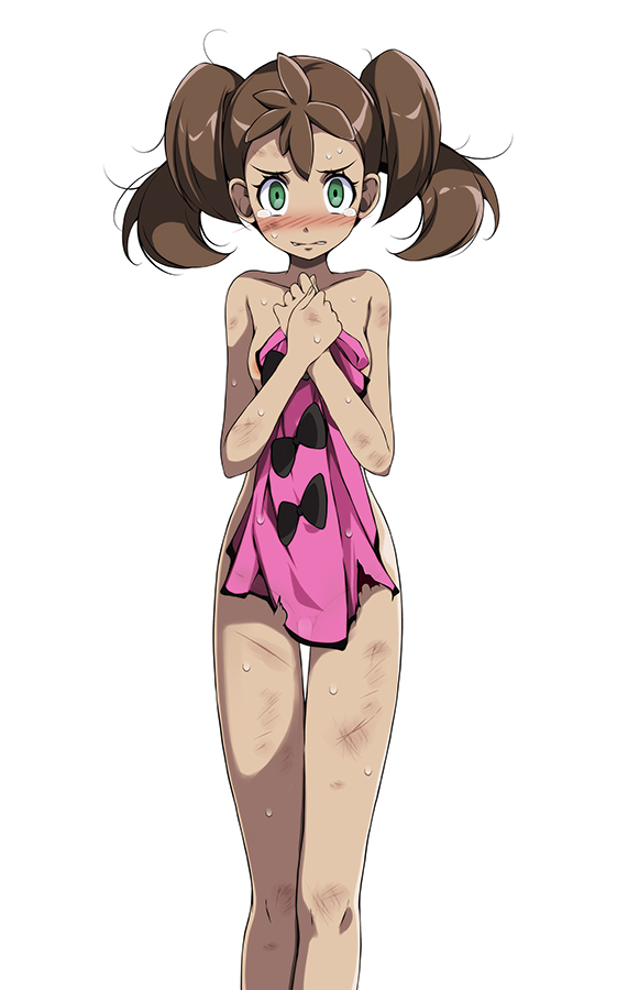 1girls, blush, breasts, bruise, closed mouth, covering, creatures (company), dark skin, dark-skinned female, female, female focus, female only, game freak, green eyes, injury, looking at viewer, medium breasts, nintendo, nude, pokemon, pokemon (game), pokemon xy, shauna (pokemon), simple background, solo, solo female, standing, sweat, tears, tsukishiro saika, twintails, white background