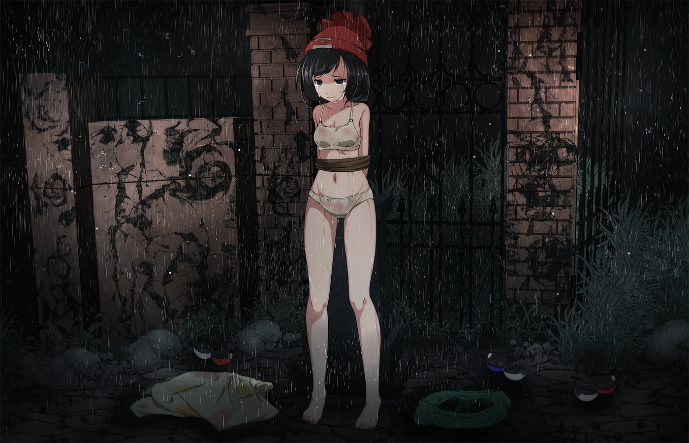 1girls, arms behind back, barefoot, black eyes, black hair, bondage, bound, bound arms, breasts, cleavage, creatures (company), crying, crying with eyes open, empty eyes, feet, female, female only, game freak, great ball, hat, navel, nintendo, outdoors, panties, poke ball, pokemon, pokemon (game), pokemon sm, rain, raining, rope, selene (pokemon), short hair, solo, solo female, standing, tears, tsukishiro saika, underwear, wet, wet clothes, wet panties