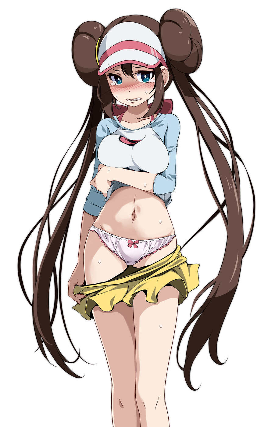 1girls, alternate version available, arm under breasts, bangs, blue eyes, blush, bow, bow panties, breasts, clenched teeth, clothes pull, commentary request, creatures (company), double bun, embarrassed, embarrassed underwear female, euf, female, female focus, female only, game freak, hair, hair between eyes, hair tie, highres, long hair, navel, nintendo, panties, pink bow, pokemon, pokemon (game), pokemon bw2, pulled by self, raglan sleeves, rosa (pokemon), shirt, short shorts, shorts, shorts pull, sidelocks, simple background, sleeves past elbows, solo, solo female, sweat, tearing up, teeth, tied hair, tsukishiro saika, two-tone headwear, underwear, very long hair, visor cap, white background, white panties, yellow skirt