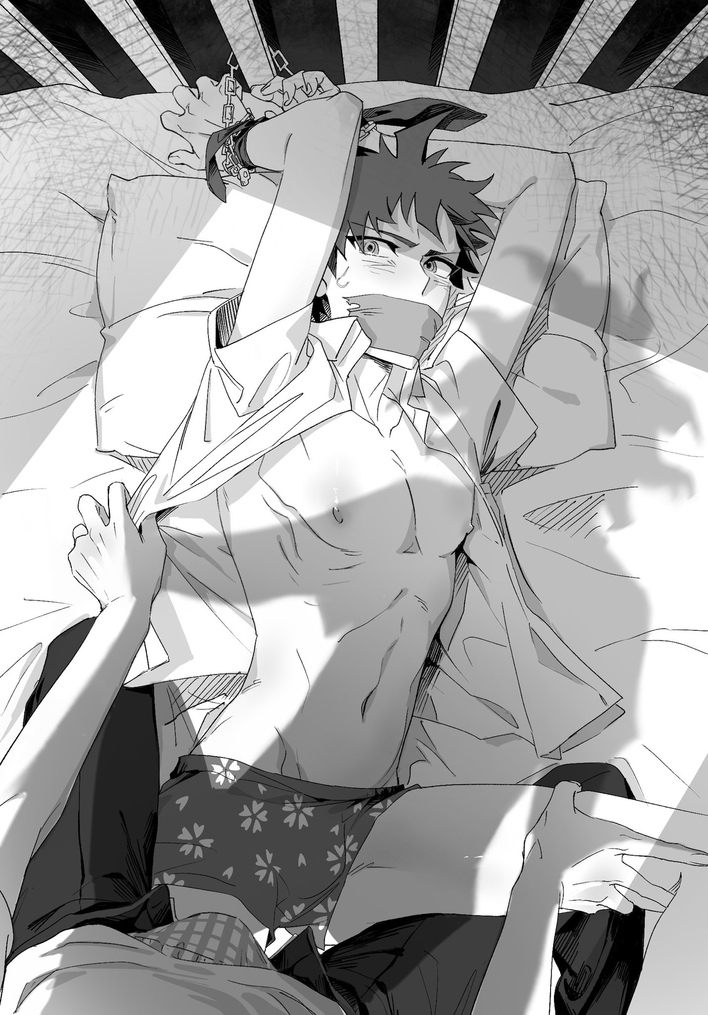2boys, bound, bound arms, briefs, bulge, chains, danganronpa, danganronpa 2: goodbye despair, duct tape, duct tape gag, gag, gagged, gay, greyscale, hands behind head, hands tied, hinata hajime, legs held open, looking at viewer, male, male focus, male only, male pov, male/male, monochrome, nagito komaeda, on bed, on side, open clothes, restrained, shadow, smooth skin, solo focus, tied, tied up, undressing, yaoi