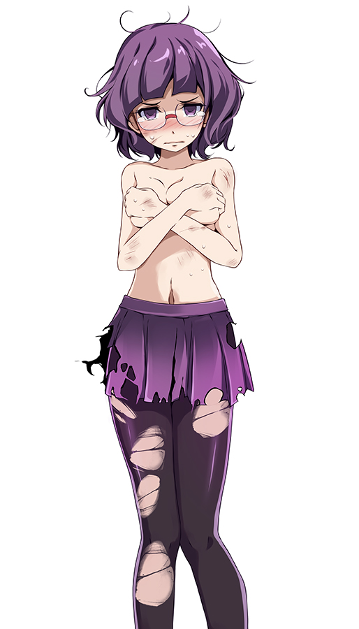 1girls, bangs, bare arms, bare shoulders, blunt bangs, blush, breasts, bruise, cleavage, collarbone, covering, covering breasts, creatures (company), crossed arms, elite four, female, female only, game freak, glasses, hands over breasts, injury, large breasts, messy hair, navel, nintendo, no bra, no shirt, pantyhose, pleated skirt, pokemon, pokemon (game), pokemon bw, purple eyes, purple hair, purple legwear, purple skirt, shauntal (pokemon), short hair, short purple hair, simple background, skirt, solo, solo female, sweat, torn clothes, torn legwear, torn skirt, tsukishiro saika, white background