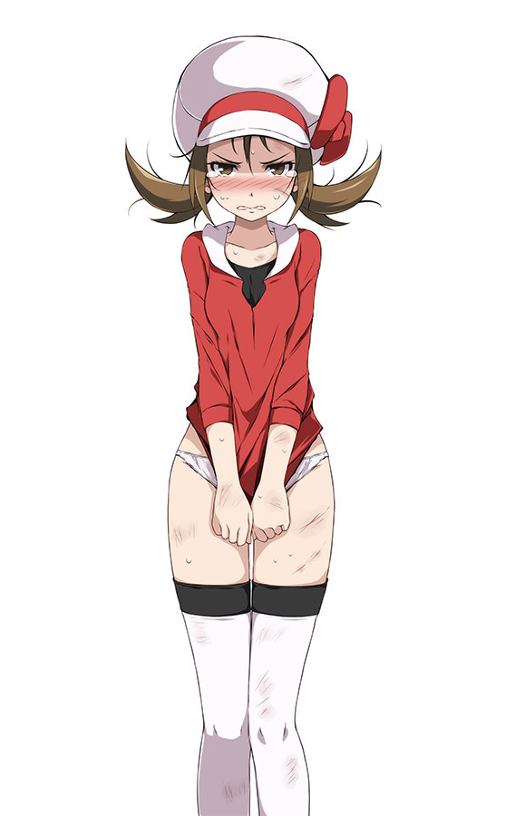 1girls, after rape, after sex, angry, bangs, blush, brown eyes, brown hair, bruise, clothed rape, clothes pull, collar, collared shirt, covering crotch, creatures (company), crying, crying with eyes open, cuts, dirty, dirty clothes, female, female only, game freak, hair between eyes, injury, long sleeves, looking at viewer, lyra (pokemon), messy, messy hair, nintendo, no pants, panties, pokemon, pokemon (game), pokemon hgss, red shirt, shirt, shirt pull, sidelocks, simple background, solo, solo female, sweat, tears, thighhighs, torn clothes, tsukishiro saika, twintails, underwear, white background, white collar, white headwear, white legwear, white panties