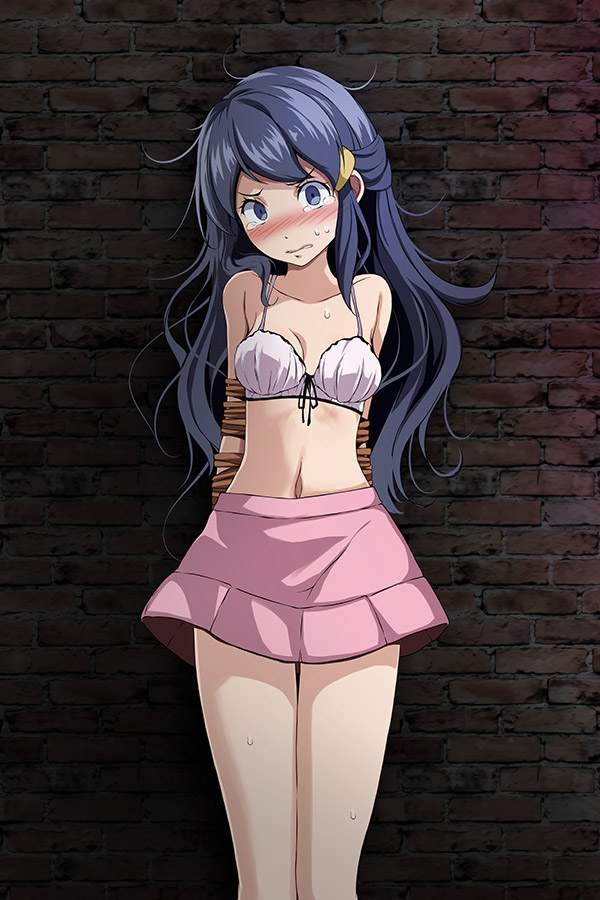 1girls, against wall, arms behind back, black ribbon, blue eyes, blue hair, blush, bondage, bound, bound arms, bra, breasts, cleavage, clenched teeth, collarbone, creatures (company), dawn (pokemon), female, female only, game freak, hair ornament, head tilt, long hair, looking at viewer, medium breasts, midriff, miniskirt, navel, nintendo, pink skirt, pokemon, pokemon (game), pokemon dppt, restrained, ribbon, rope, shiny, shiny hair, skirt, solo, solo female, standing, stomach, sweatdrop, tears, teeth, tied up, tsukishiro saika, underwear, very long hair, white bra