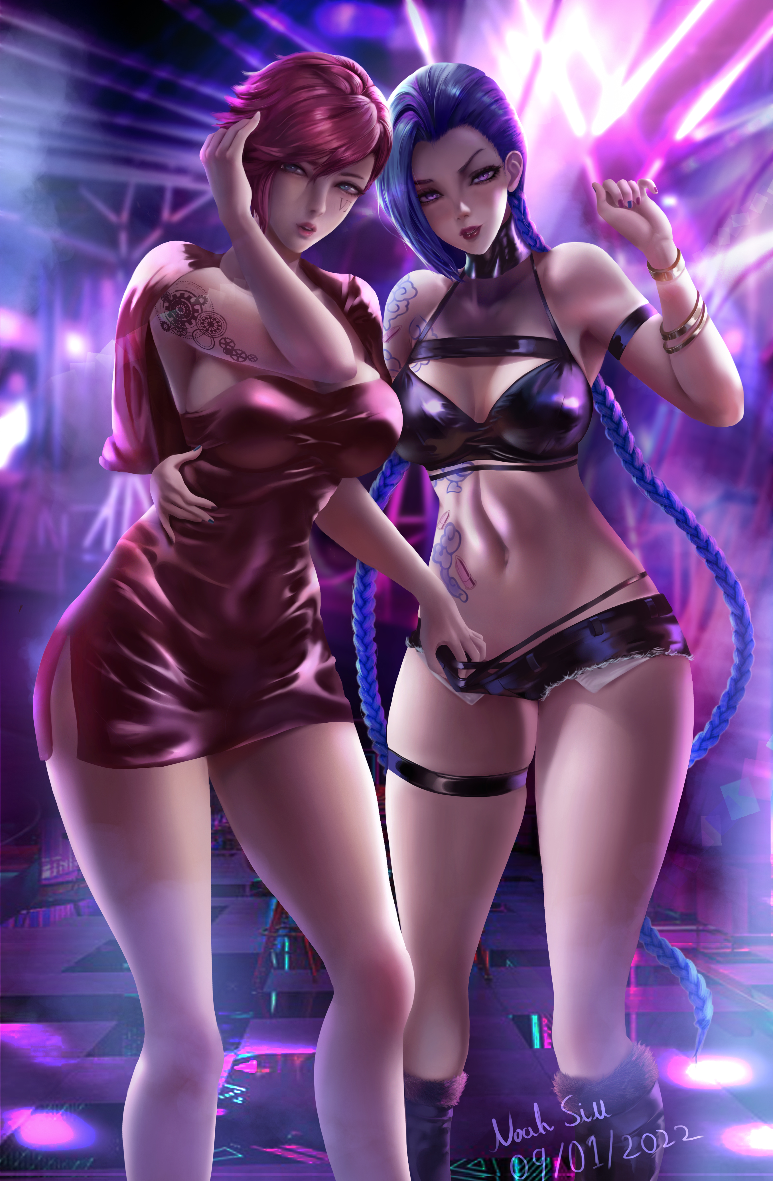 2022, 2girls, arcane, arcane jinx, arcane vi, arm tattoo, big breasts, blue eyes, breasts, cyan eyes, face tattoo, female, illustration, jinx (league of legends), league of legends, lingerie, necklace, noahsiu, panties, pink eyes, pink hair, riot games, seducing, seductive, seductive look, sisters, suit, tagme, tattoo, vi, wide hips