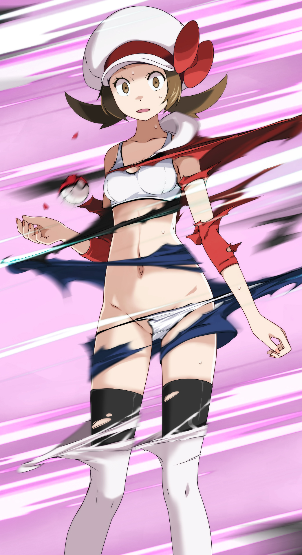 1girls, bow, bra, breasts, brown eyes, brown hair, creatures (company), female, female only, game freak, hat, hat bow, highres, looking at viewer, lyra (pokemon), navel, nintendo, open mouth, panties, pants, poke ball, poke ball (basic), pokemon, pokemon (game), pokemon hgss, shirt, solo, solo female, surprised, sweatdrop, thighhighs, torn clothes, torn legwear, torn panties, torn pants, torn shirt, tsukishiro saika, twintails, underwear, white bra, white panties, wide-eyed